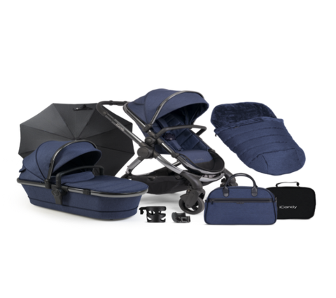iCandy Peach- Navy Twill Pushchair and Carrycot Complete Bundle